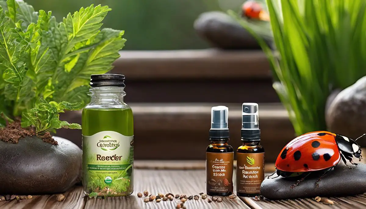Image of various natural repellents, including essential oils, diatomaceous earth, coffee grounds, ladybugs, and neem oil, along with a garden surrounded by a peaceful natural ecosystem.