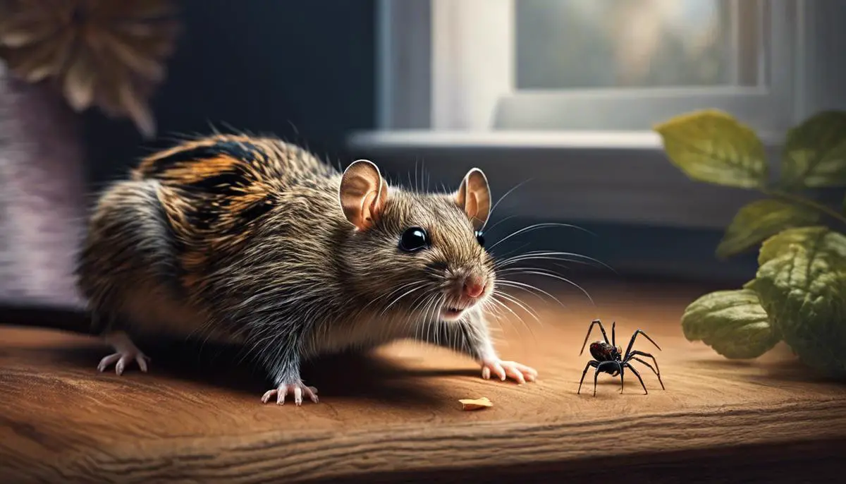 A picture of a rodent and spider in a home, representing pests invading a living space.
